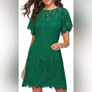MSLG Elegant Round Neck V-Back Wedding Guest Floral Lace Party A Line Dress